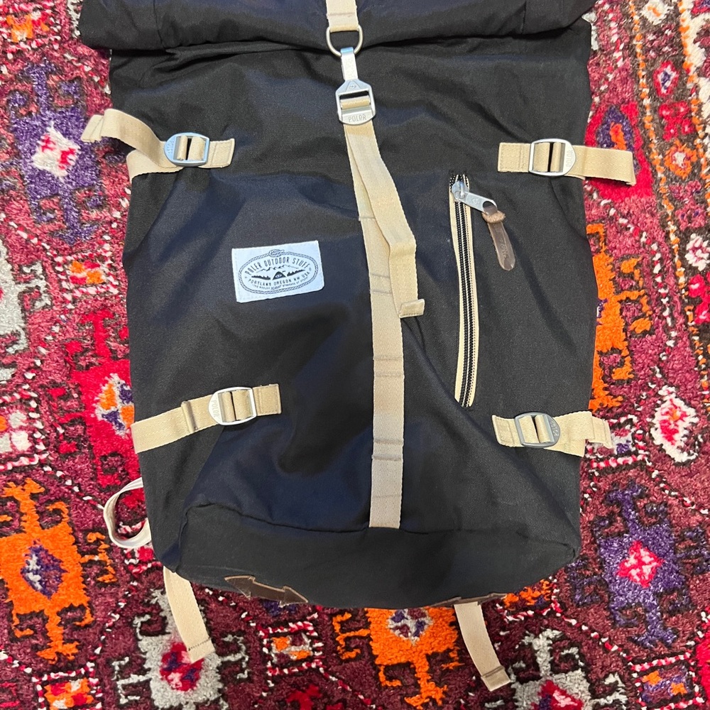 Poler Black and Tan Roll-Top Backpack